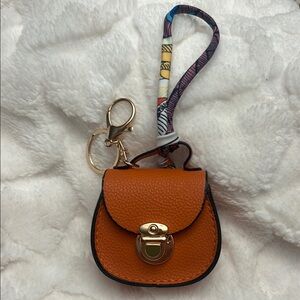 New Orange Mini Leather Keychain Bag/Ear Bud Holder.